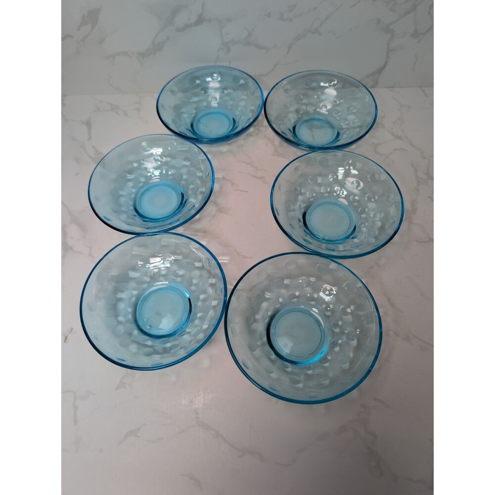 Hazel Atlas Capri Dot Turquoise Blue Berry Dessert Bowls Set of 6 Vintage Glass